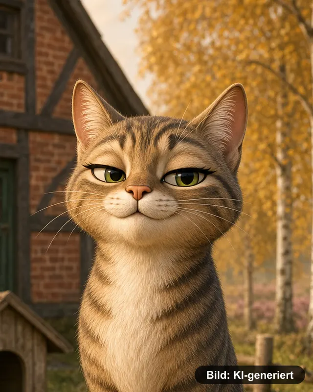 Frieda, eine getigerte Katze mit grünen Augen, schaut selbstbewusst in die Kamera (KI-generiertes Bild)