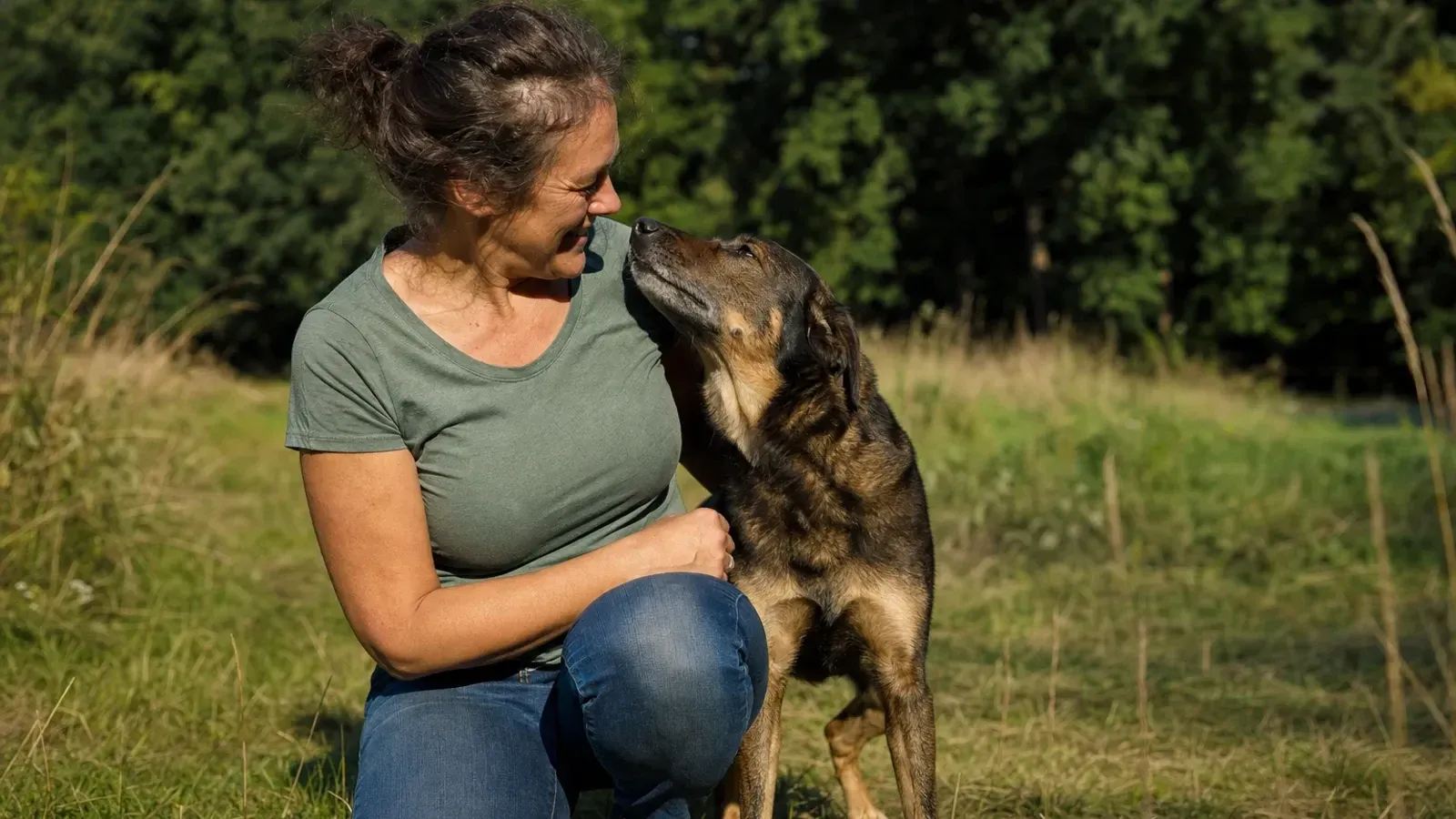 Frau kniet auf einer sonnigen Wiese und lacht ihren Hund an, der sich an sie lehnt